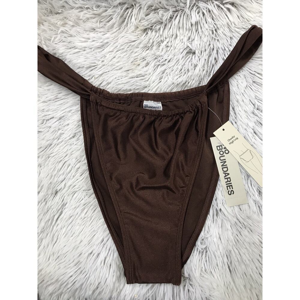 No Boundaries Satin Feel L (12-14) Cheeky High Leg Bikini Swim Bottom Brown NWT